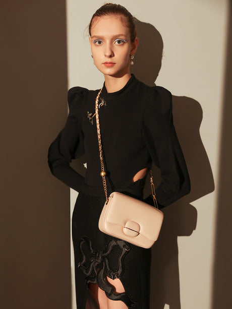 Structured Buckle Leather Shoulder Bag - Nude