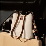 Nalandu Minimalist Genuine Leather Bucket Shoulder Bag - Ivory