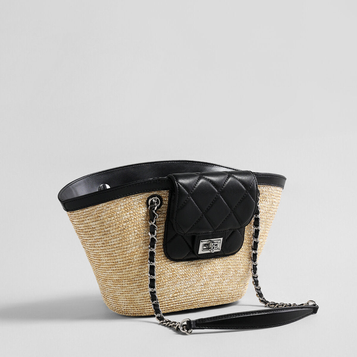 Hand-Woven Straw Basket Tote with Quilted Chain Flap - Black