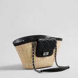 Hand-Woven Straw Basket Tote with Quilted Chain Flap - Black