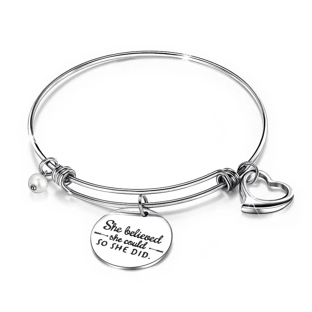 Bullion Gold She Believed She Could Heart Charm White Gold Layered Tubular Adjustable Inspirational Bangle