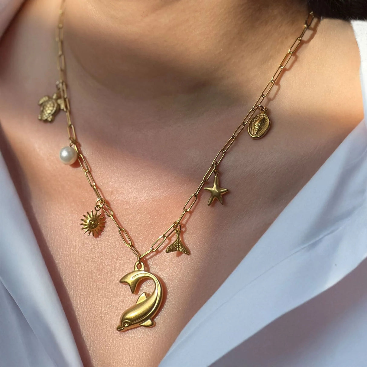Bullion Gold Beaded Sea Gold Charm Gold Necklace