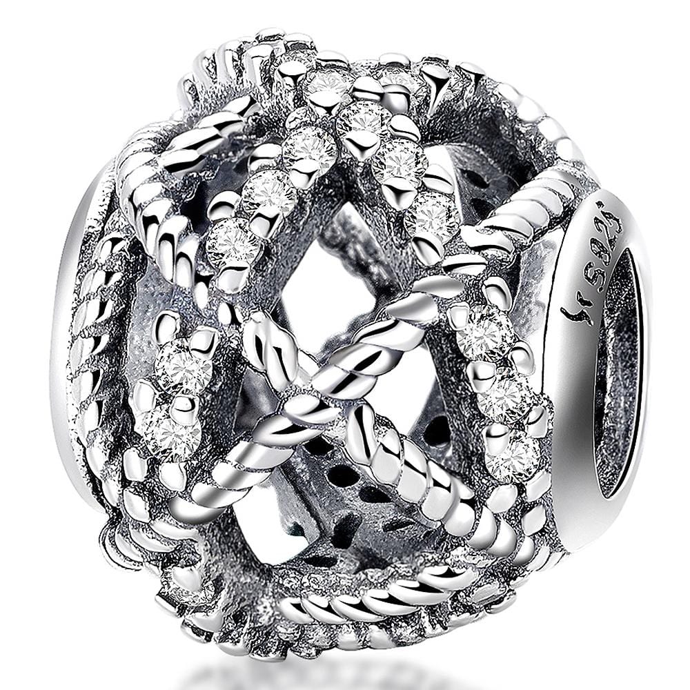 Solid 925 Sterling Silver Twisted Rope CZ Round Charm