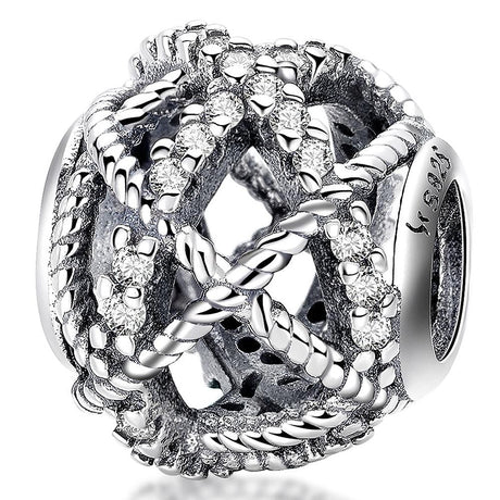 Solid 925 Sterling Silver Twisted Rope CZ Round Charm