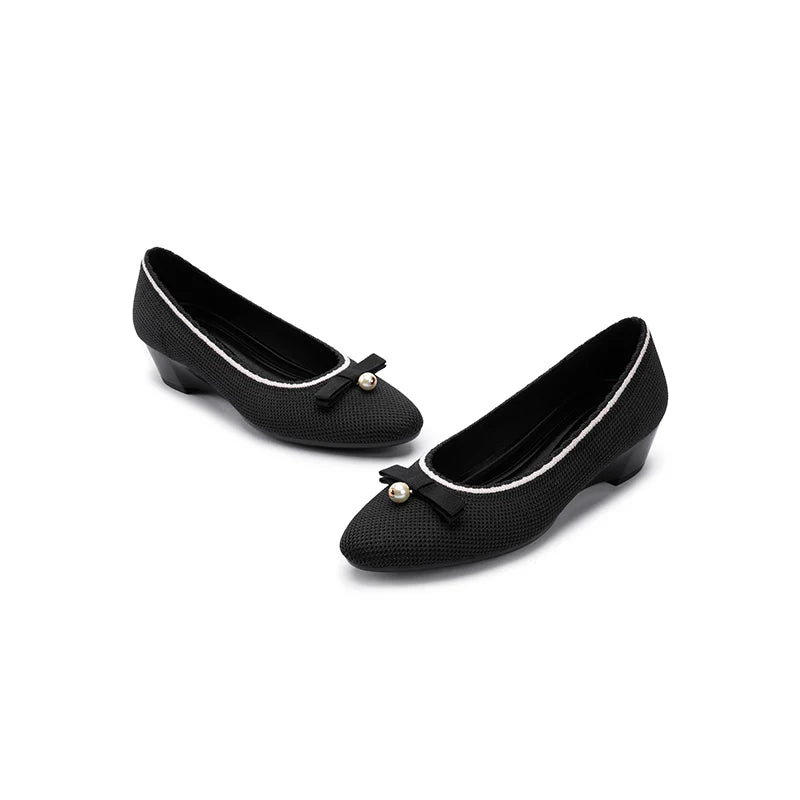 Shallow Wedge Pearl Bow Work Shoes - Black
