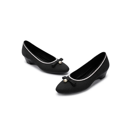 Shallow Wedge Pearl Bow Work Shoes - Black