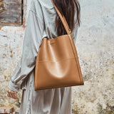 Nalandu Minimal Soft Leather Commuter Tote Bag - Brown