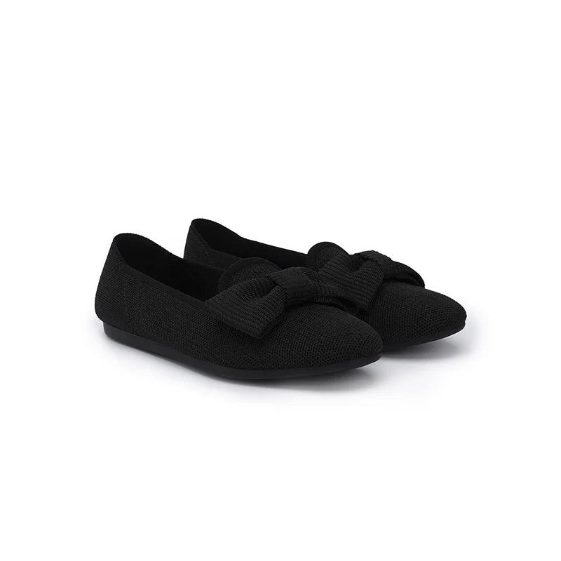 Bow Detail Round Toe Knit Flat Loafers - Black