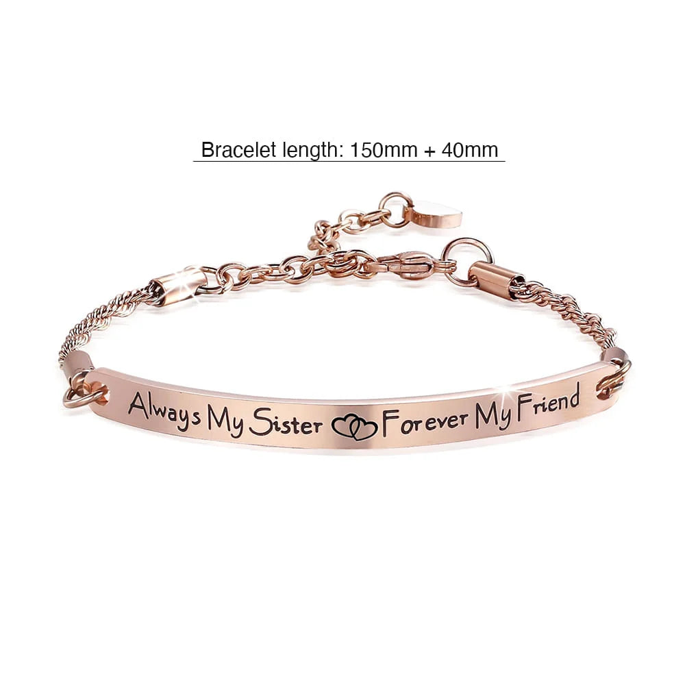 Bullion Gold Sisters Forever Inscriptions Rose Gold Bar Bracelet