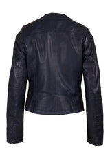 Womens Round Neck Navy Leather Jacket