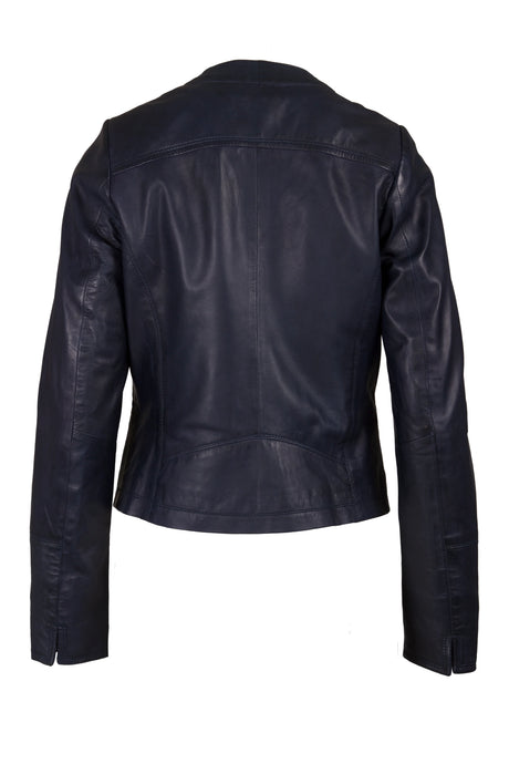 Womens Round Neck Navy Leather Jacket