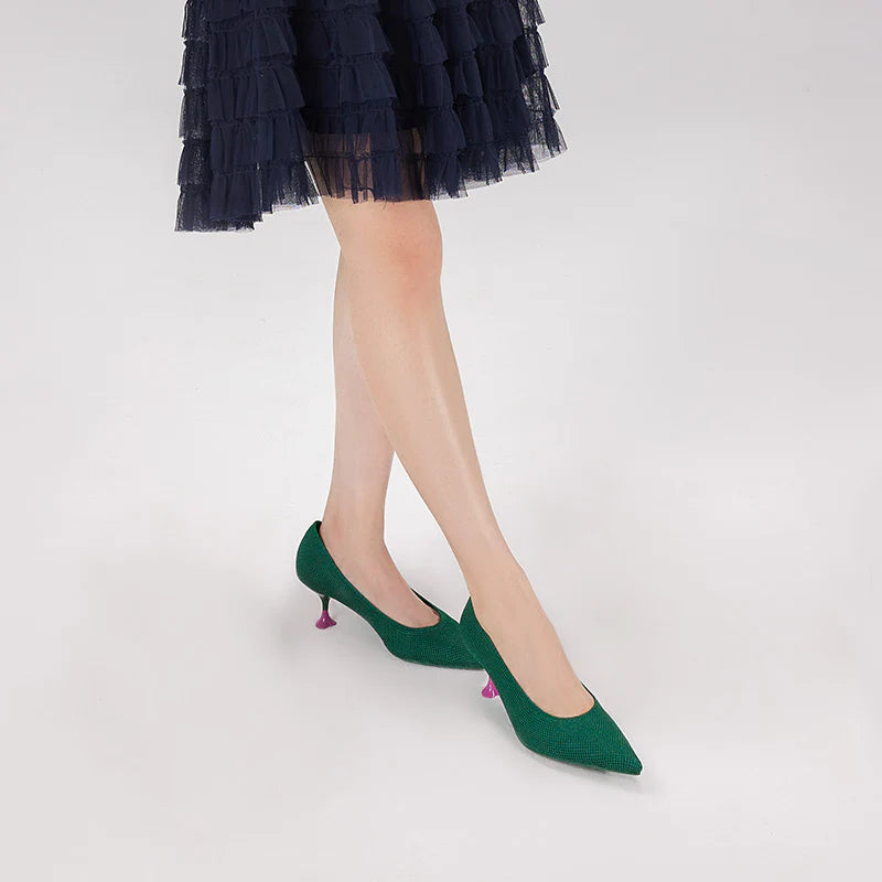 Classy Madam Pointed Toe Kitten Heels - Green
