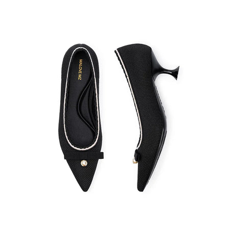 Parisian Pearl Bow Kitten Heels - Black