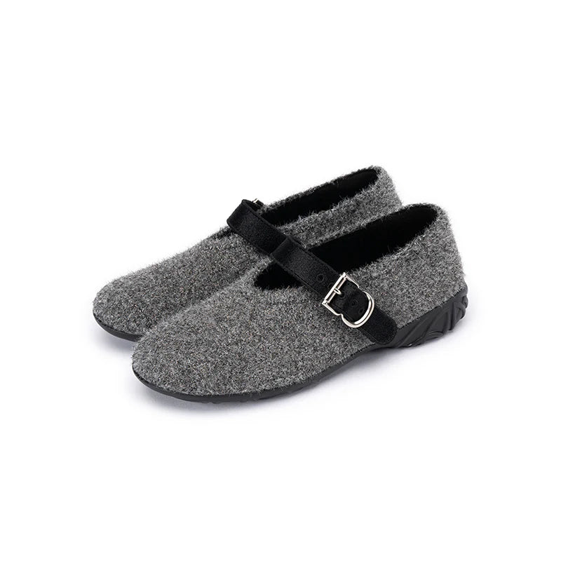 Fuzzy Mary Jane Flats - Grey