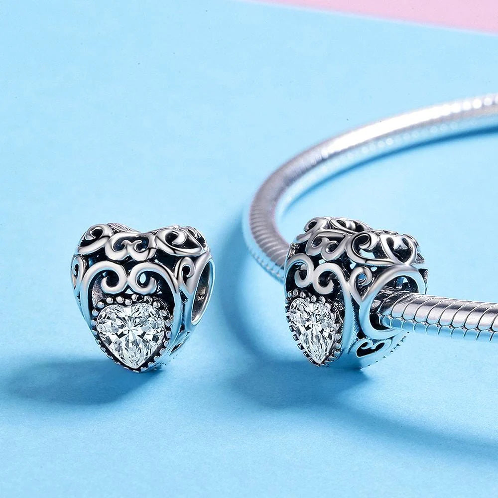 Solid 925 Sterling Silver Heart to Heart Clear CZ Charm
