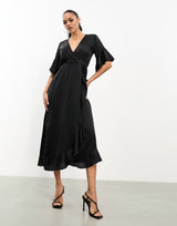 Ax Paris Satin Wrap Dress In Black