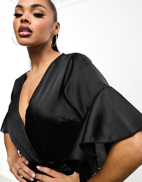 Ax Paris Satin Wrap Dress In Black