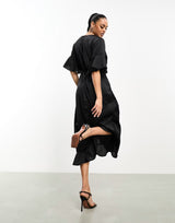 Ax Paris Satin Wrap Dress In Black