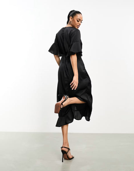 Ax Paris Satin Wrap Dress In Black