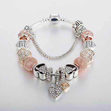 Pandora Inspired Full Set Beaded Charm Bracelet -  Triple-Tone