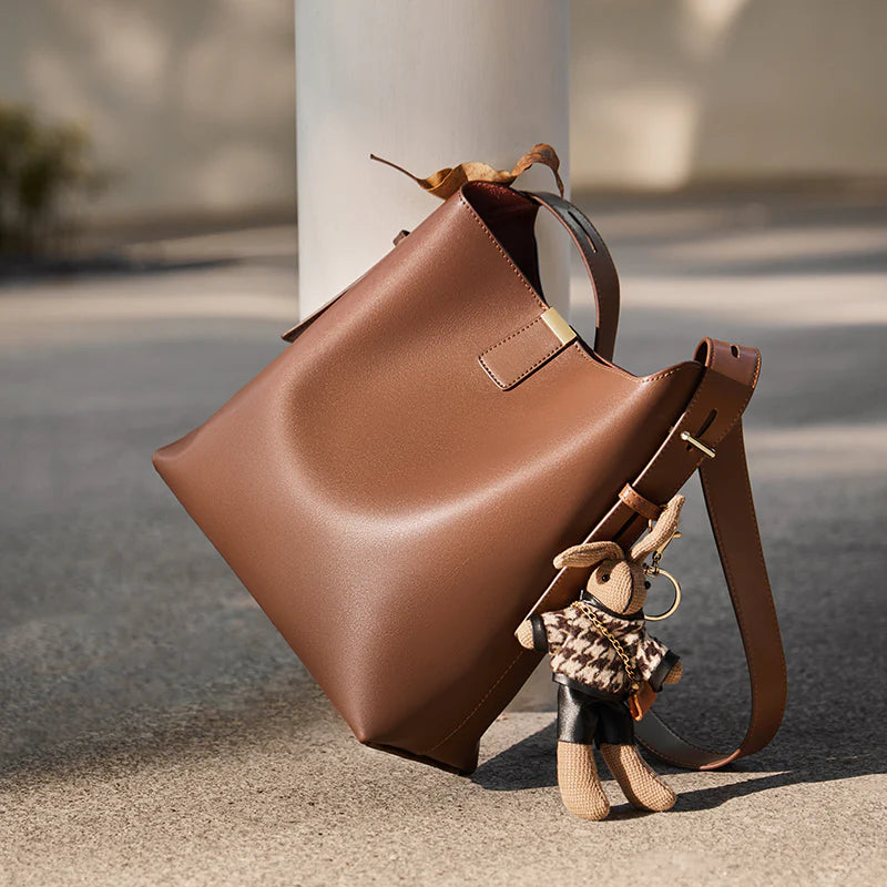 Nalandu Natalia Rabbit Charm Leather Work Tote Bag - Coffee