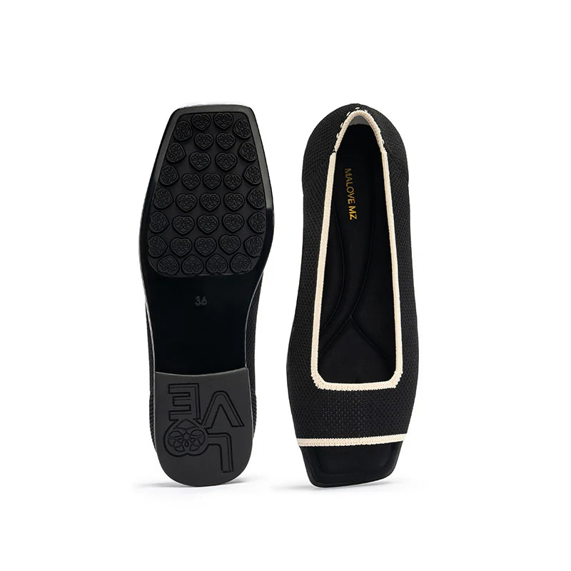 Colorblock Peep Toe Knit Flats - Black