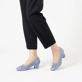 Pearl Bow Mesh Knit Round Toe Pumps - Blue