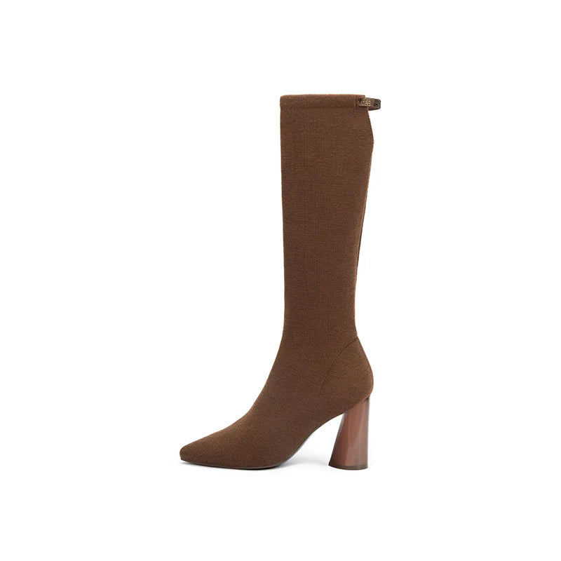 Pointed Toe Block Heel Stretch Knee High Boots - Coffee