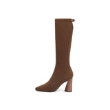 Pointed Toe Block Heel Stretch Knee High Boots - Coffee