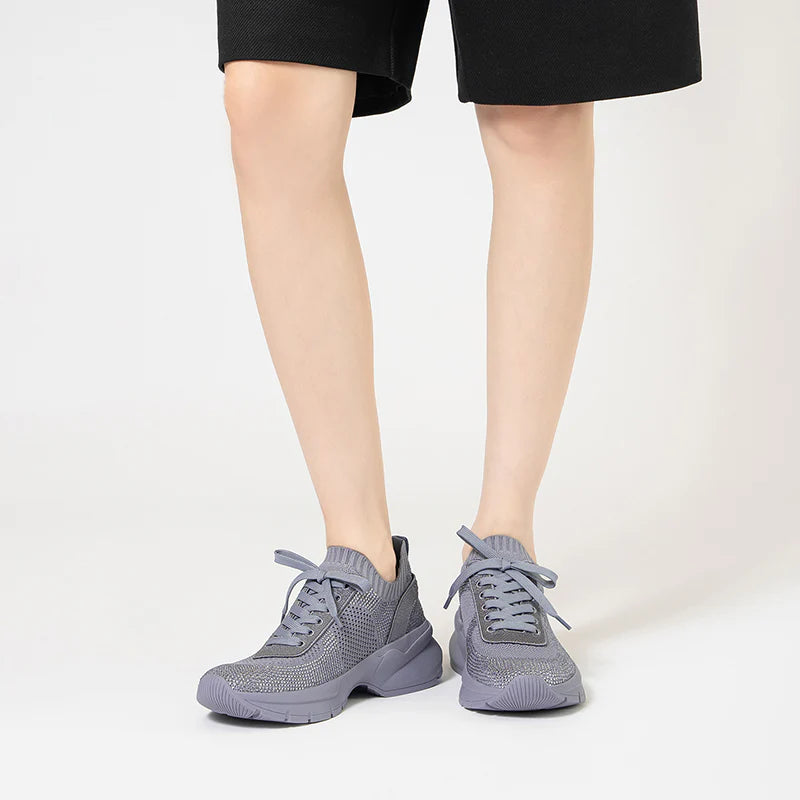 Rhinestone Mesh Knit Chunky Platform Sneakers - Grey