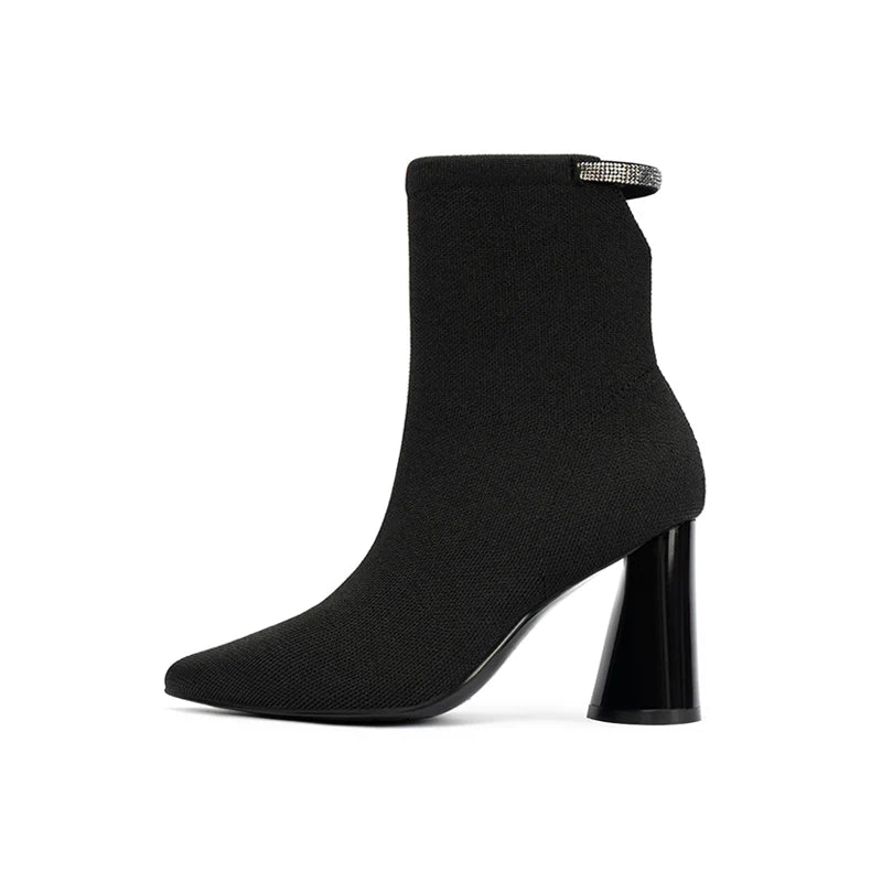 Pointed Toe Block Heel Knit Ankle Boots - Black