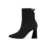 Pointed Toe Block Heel Knit Ankle Boots - Black