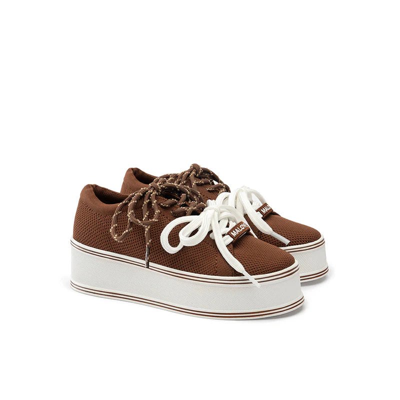 Dual Lace Platform Knit Sneakers - Coffee