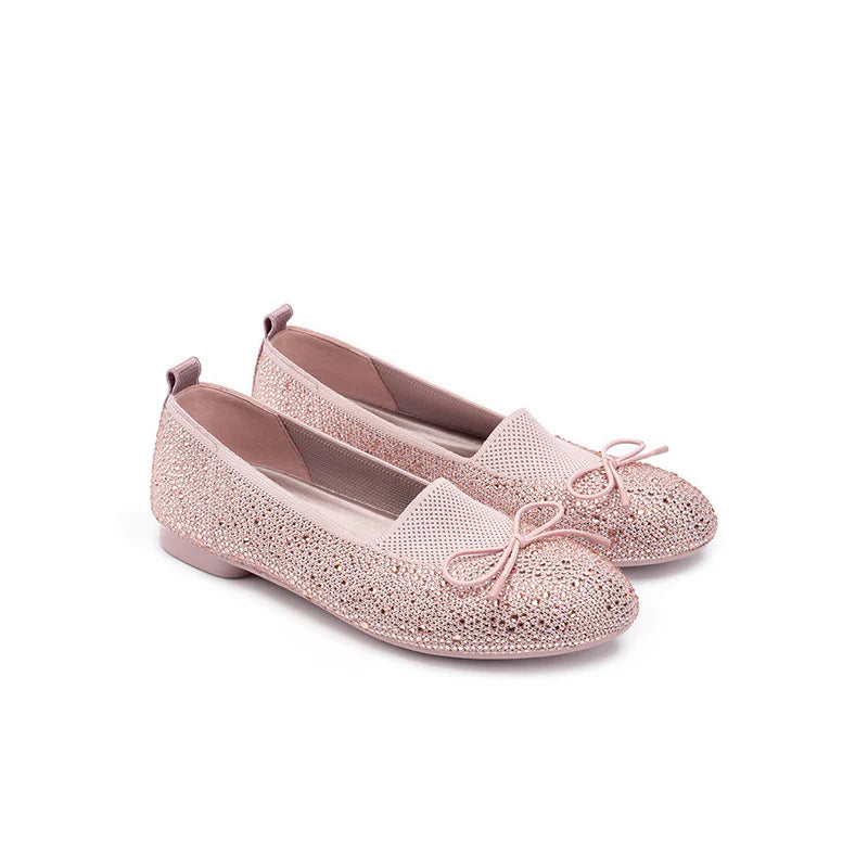 Rhinestone Bow Knit Round Toe Ballet Flats - Pink