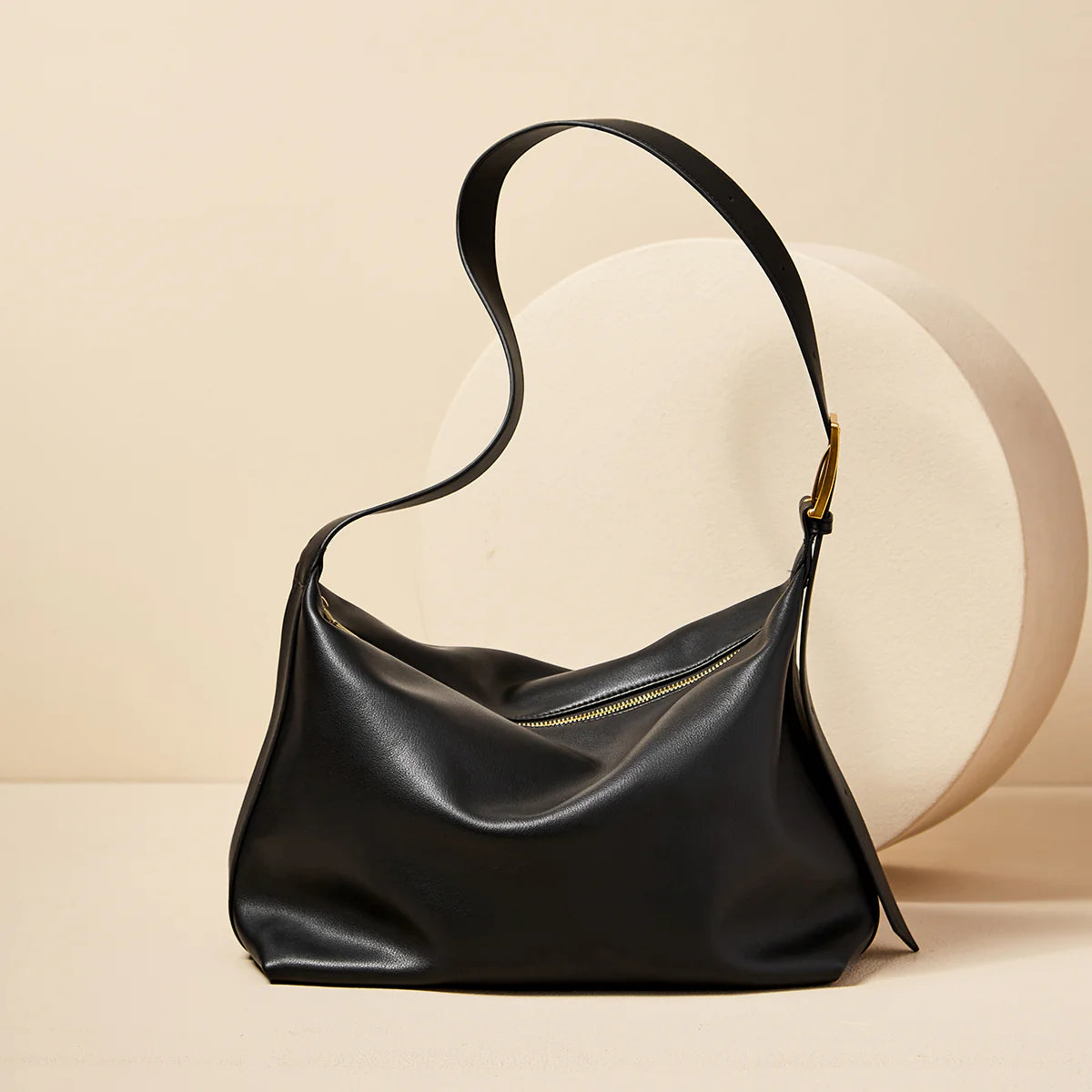 Nalandu Soft Leather Slouch Shoulder Hobo Bag - Black