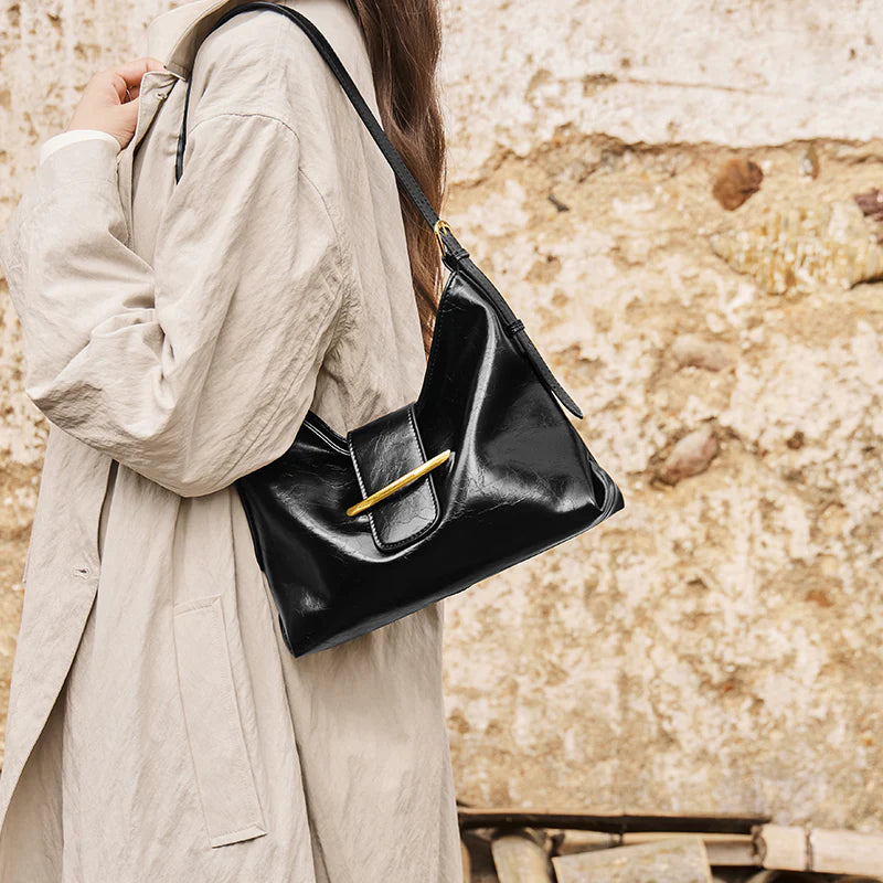 Nalandu Luxe Glossy Hobo Shoulder Bag - Black