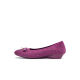Pearl Bow Czech Crystal Knit Round Toe Wedge Pumps - Fuchsia
