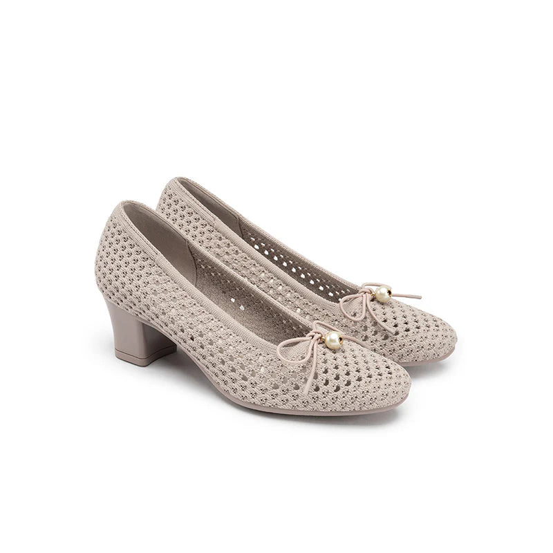 Pearl Bow Mesh Knit Round Toe Pumps - Taupe