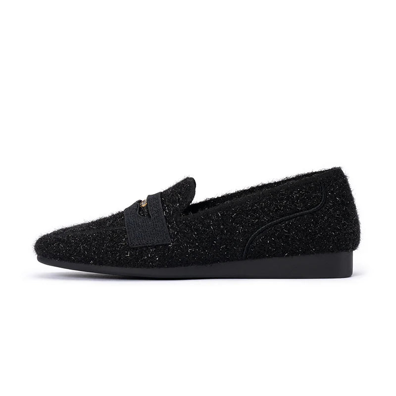 Versatile Soft Sole Slip On Tweed Loafers - Black