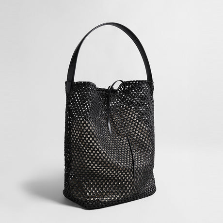 Handwoven Straw Bucket Tote - Black