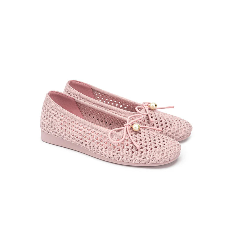 Pearl Bow Heart Mesh Knit Round Toe Wedge Flats - Pink