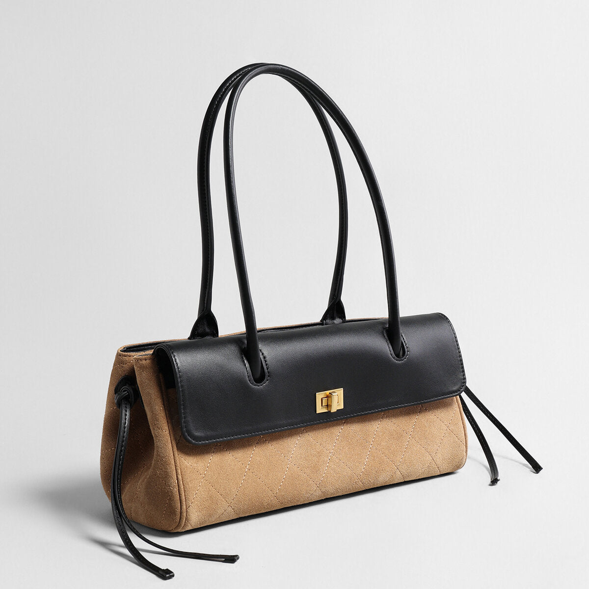Two-Tone Quilted Suede & Leather Baguette Bag - Camel