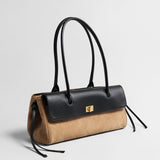 Two-Tone Quilted Suede & Leather Baguette Bag - Camel