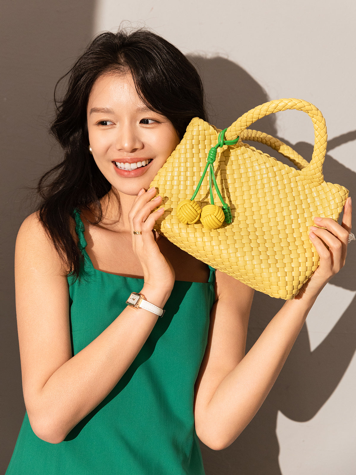 Happy Mini Woven Leather Top Handle Bag - Yellow