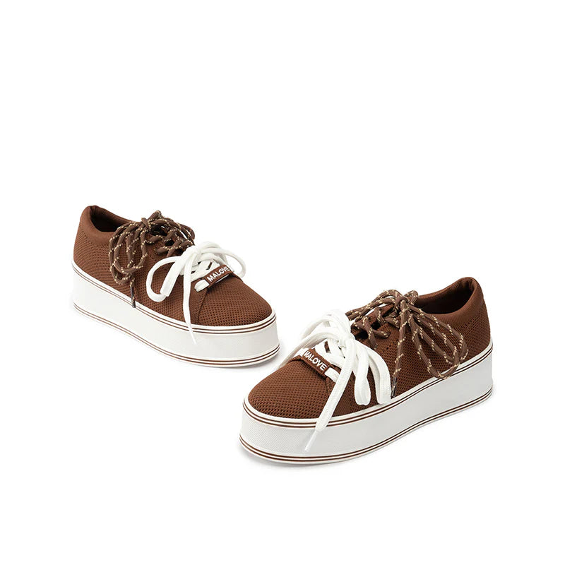 Dual Lace Platform Knit Sneakers - Coffee
