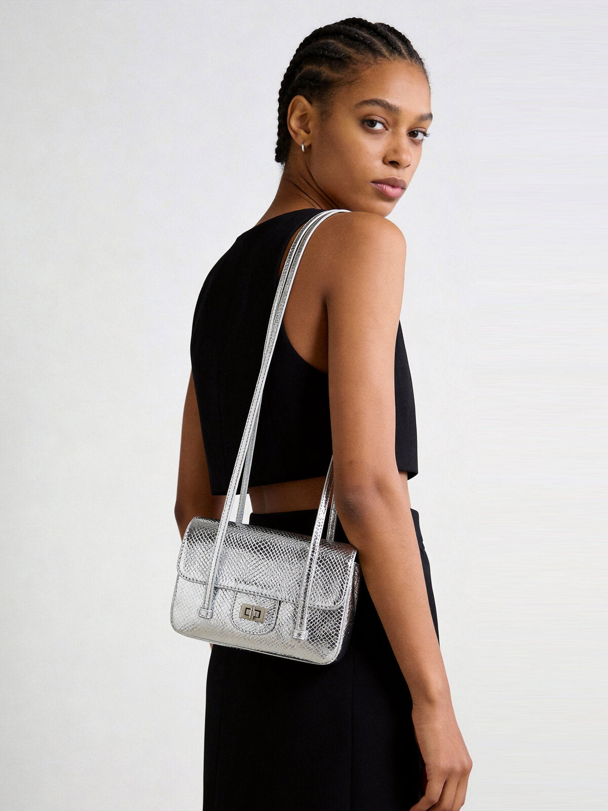 Snake-Embossed Metallic Flap Shoulder Bag - Silver