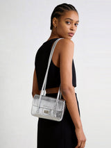 Snake-Embossed Metallic Flap Shoulder Bag - Silver