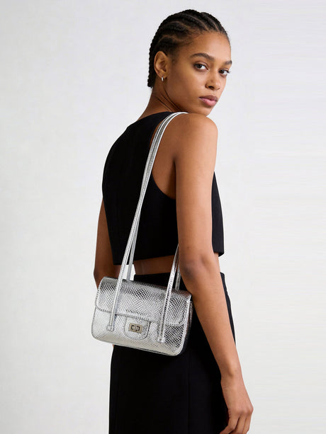 Snake-Embossed Metallic Flap Shoulder Bag - Silver