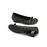 Pearl Bow Czech Crystal Knit Round Toe Wedge Pumps - Black
