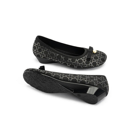Pearl Bow Czech Crystal Knit Round Toe Wedge Pumps - Black